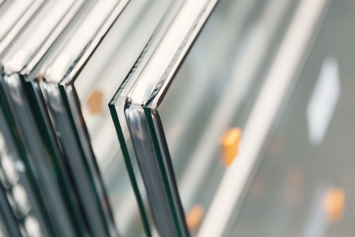 Polished edges of cut glass units at the workshop