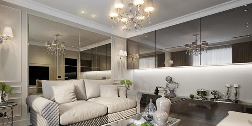 Mirrored wall in a living room